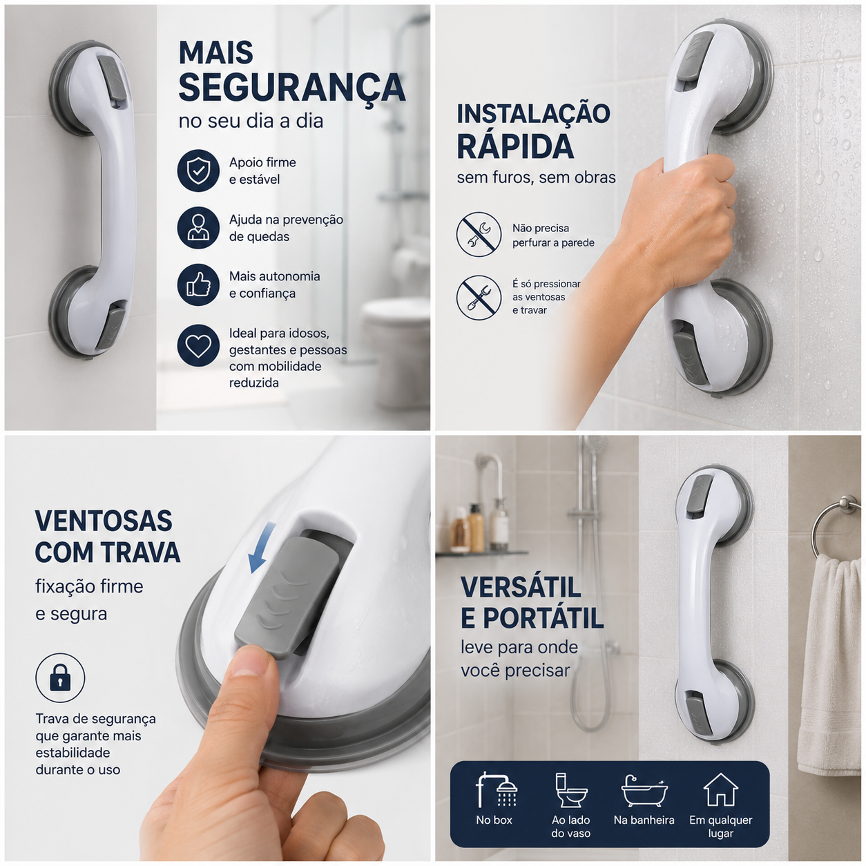 Barra de Apoio para Banheiro com Ventosa e Trava Reforçada