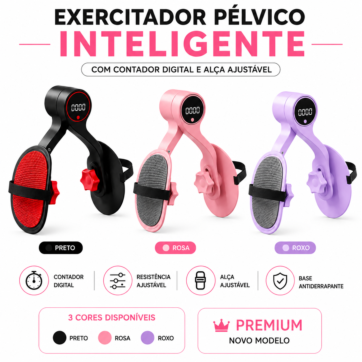 Exercitador Pélvico Inteligente Novo Modelo com Contador Digital + Alça Ajustável Anti Escape - Fortaleça o Assoalho Pélvico em Casa | Últimas Unidades com Frete Promocional
