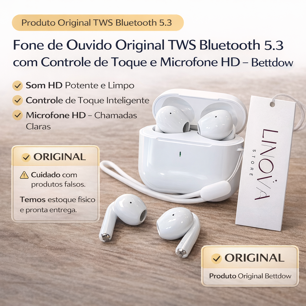 Fone de Ouvido Original Bluetooth 5.3  com Controle de Toque e Microfone HD – Bettdow