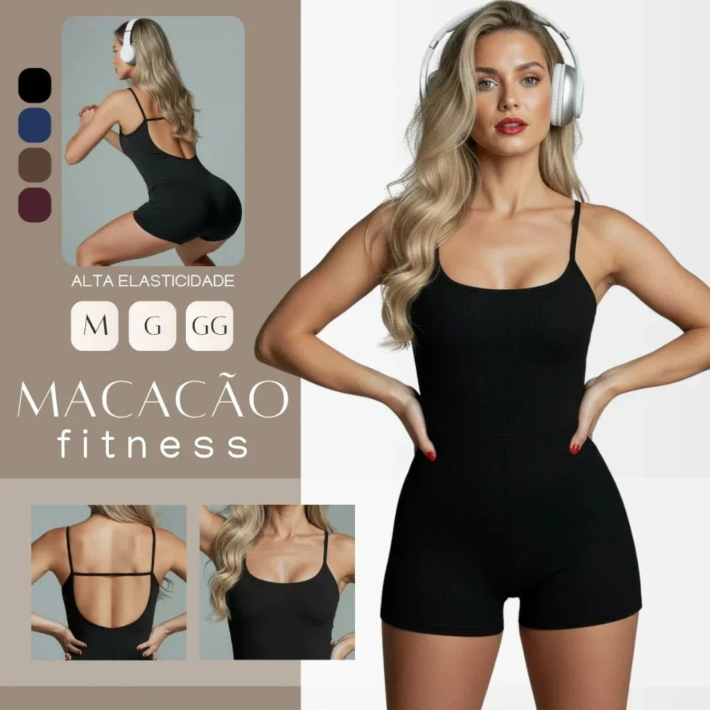 Macaquinho Fitness Academia Feminino Shorts Top Alça Suplex Forrado Black Friday