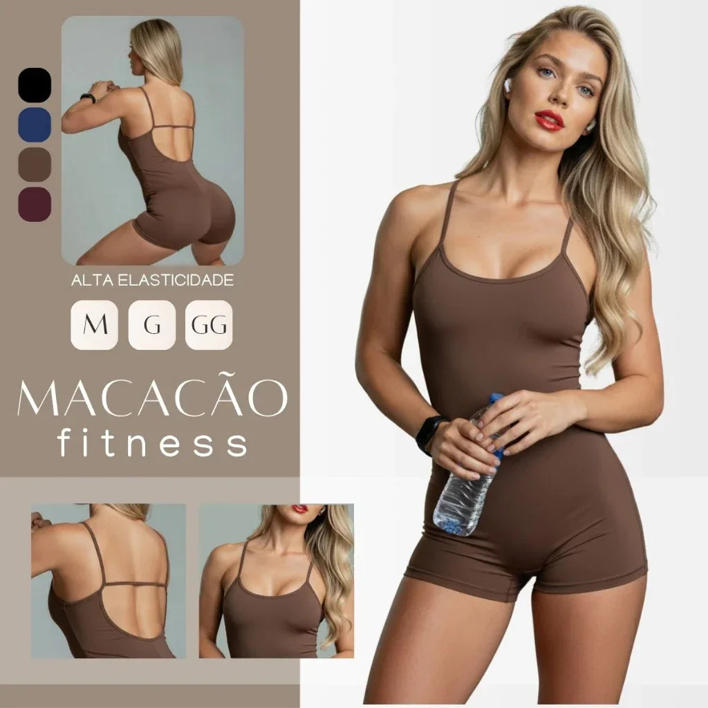 Macaquinho Fitness Academia Feminino Shorts Top Alça Suplex Forrado Black Friday