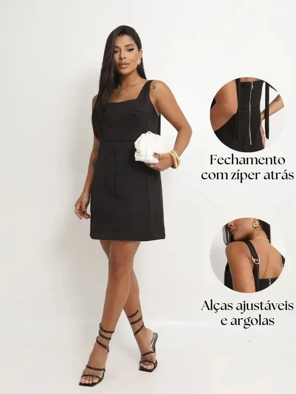 Vestido Fênix – Curto em Alfaiataria com Alças Reguláveis e Zíper