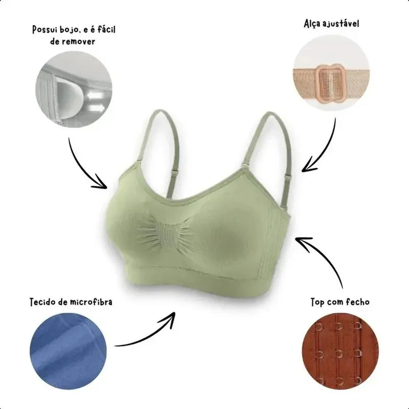 Kit com 3 Tops Femininos em Microfibra Lisa, com Fecho e Alças Ajustáveis