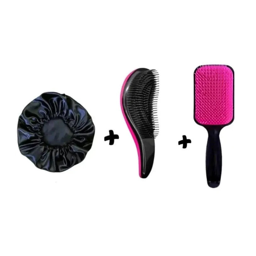 KIT ESCOVA RAQUETE PROFISSIONAL + ESCOVA MÁGICA + TOUCA DE CETIM PREMIUM