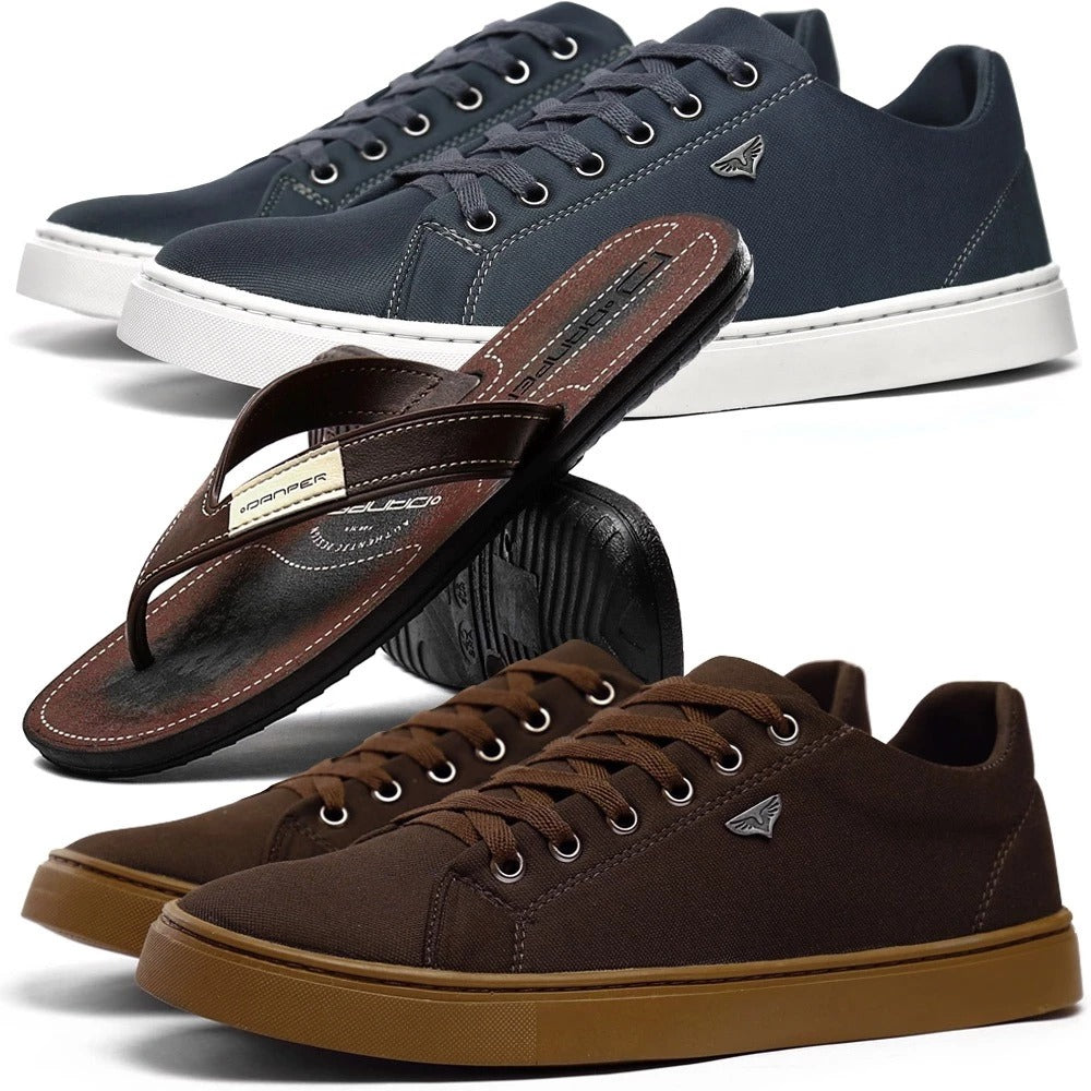 MEGA PROMOÇÃO – Kit Masculino 3 em 1 – 2 Sapatênis Casual (Estilo Skatista) + Chinelo Confortável Danper | Frete Grátis | De R$ 349,90 por apenas R$ 169,90 | Desconto Exclusivo | Últimas Unidades – Queima de Estoque