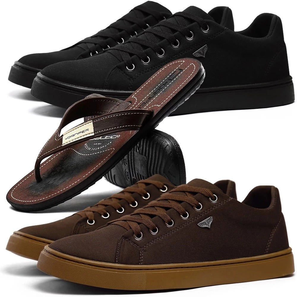 MEGA PROMOÇÃO – Kit Masculino 3 em 1 – 2 Sapatênis Casual (Estilo Skatista) + Chinelo Confortável Danper | Frete Grátis | De R$ 349,90 por apenas R$ 169,90 | Desconto Exclusivo | Últimas Unidades – Queima de Estoque